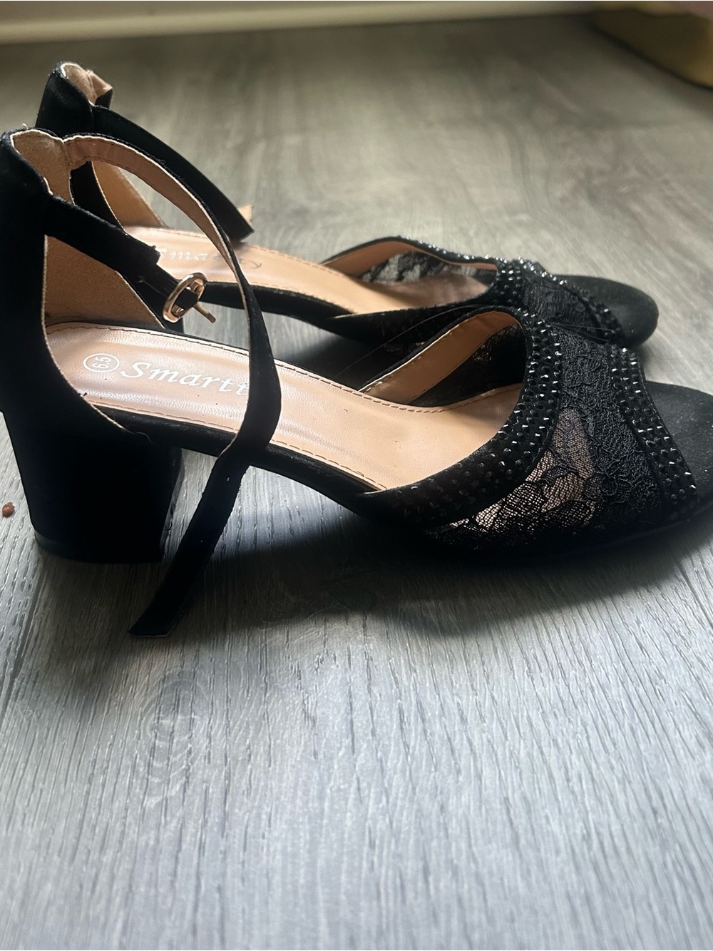 Smartfit Black Lace Ankle-Strap Block Heels with Bead Detail